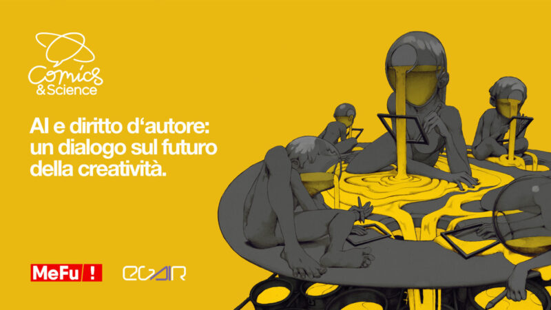 Illustrazione di Lorenzo LRNZ Ceccotti per la conferenza "Il diritto d’autore ai tempi dell’Intelligenza Artificiale" al Comics&Science PALACE
