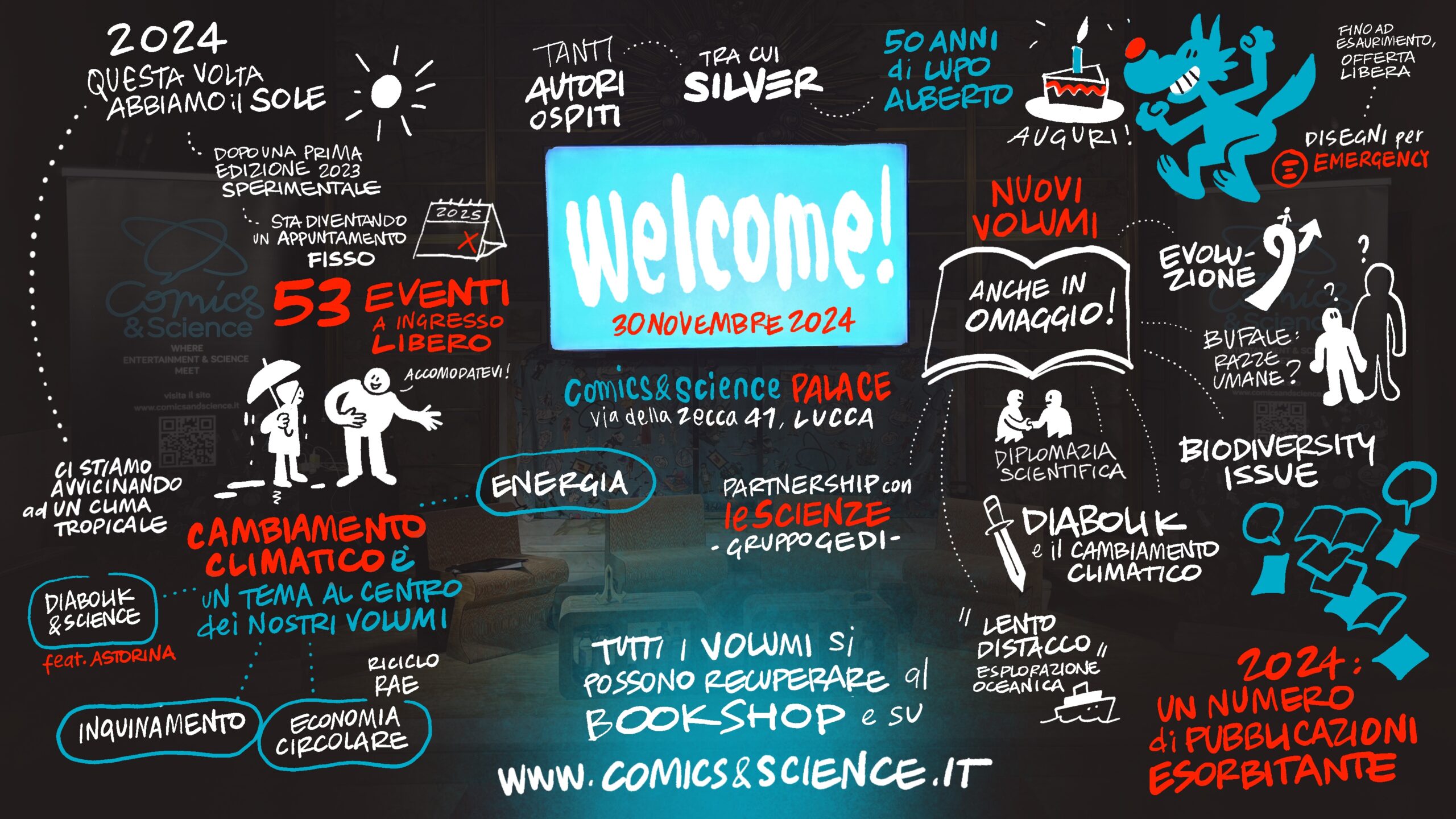 Il benvenuto disegnato da Gabriele Peddes al Comics&Science PALACE di Lucca